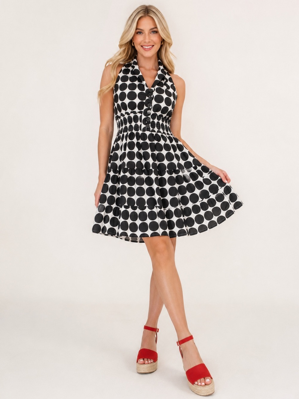STEP IN STYLE Polka Dot Halter Dress Smocked Waist Tiered Fit Flare Cotton